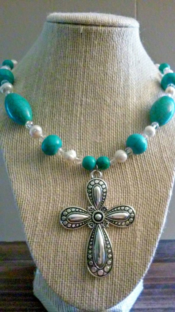 Turquoise Cross Necklace Large Silver Cross Pendant Necklace