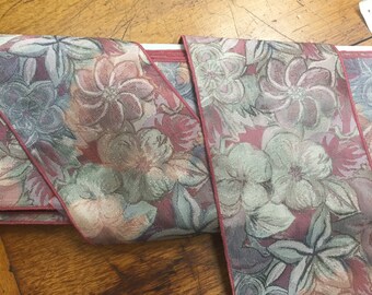 Vintage floral matlese drapery trim, 4 1/8 inches, neutral pinks, brown, blues, purples and green, very interesting