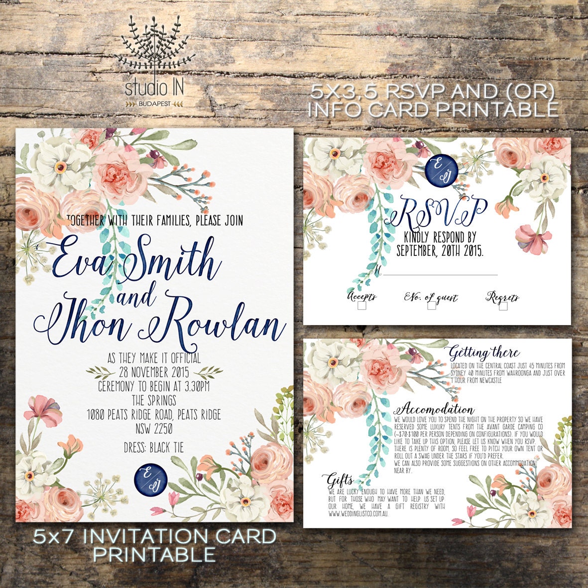 Floral wedding invitation Printable wedding invitation rustic