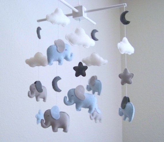 Elephant baby mobile blue and gray baby by dlgNurseryBoutique