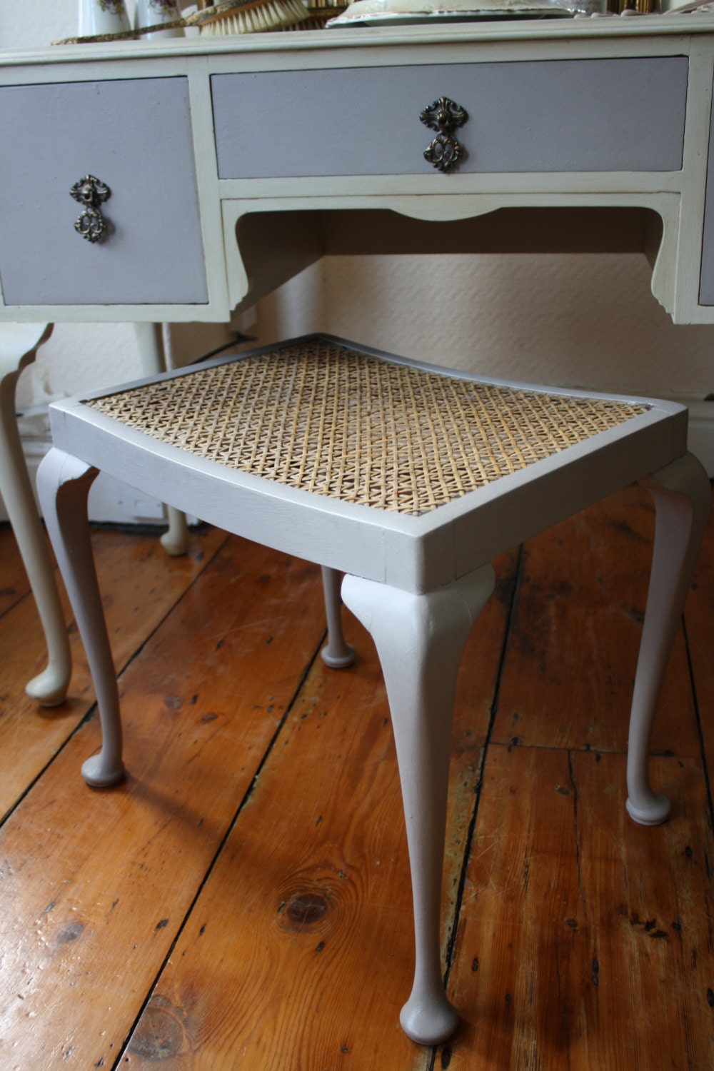Upcycled Vintage Dressing Table Stool in Pastille Grey Haute Juice