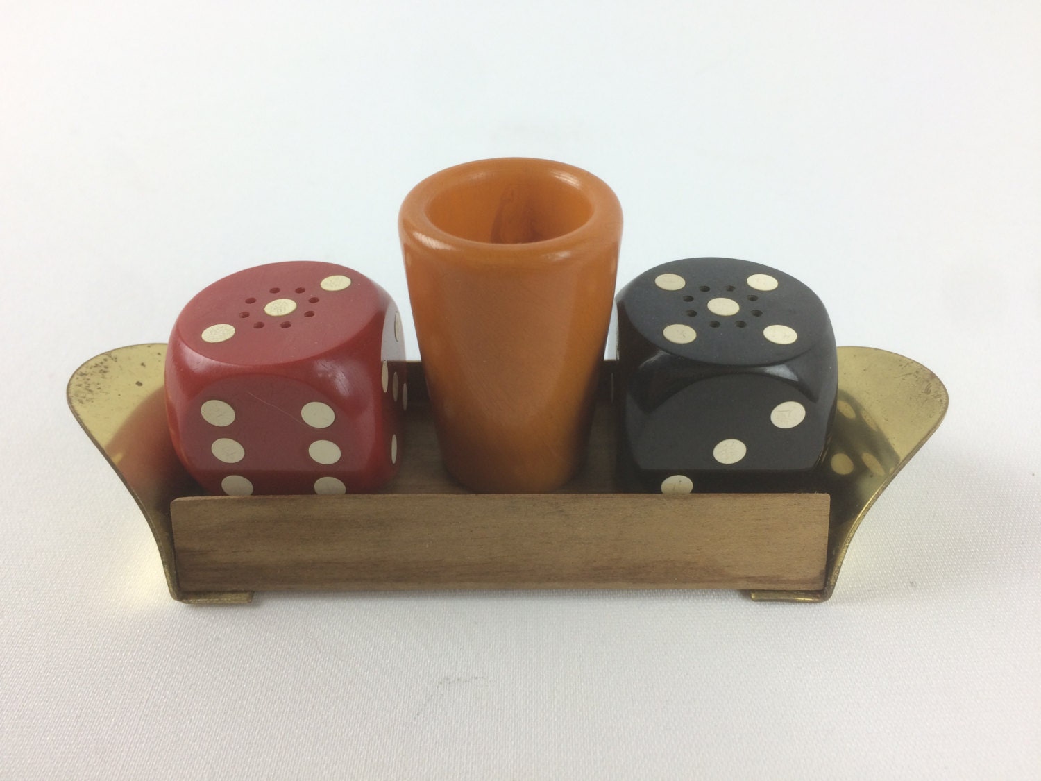 Bakelite Brass Wood Toothpick Dice Salt & Pepper Shaker and