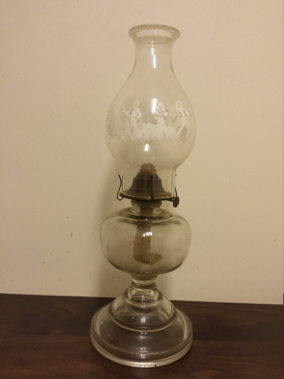 Vintage Oil Lamp With Bead Chimney And Dancers