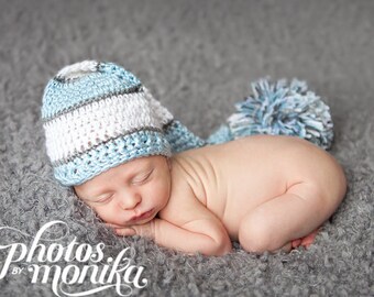 Long Tail Hat, Elf Hat, Baby Boy Hat, Crochet Baby Hat, Blue White Grey, Baby Newborn Hat, Photo Prop, Newborn Baby Hat, Crochet Newborn Hat