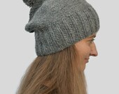 Knitted Wool Set Hat And Mittens Gray Christmas Present  Knit Winter Hat Pompon  Birthday Gift Hand Knitting Hat For Her