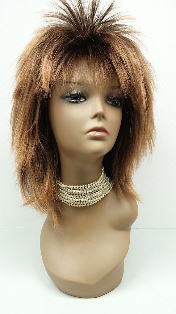 Tina Turner Style Costume Wig Shag Brown W Dark Roots Wig