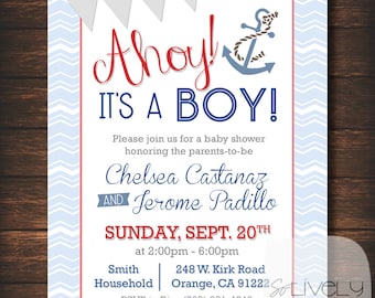 Ahoy, Nautical, Boy, Baby Boy, Babyshower, Blue, Red, Sea, Birthday, It's a boy, Nautical theme, Invite