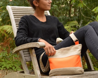 Cross body bag Cherie.Sac bandouliere Lin.Linen day bag.Linen daybag.Linen orange stripe crossbody.summer daybag.natural linen travel bag