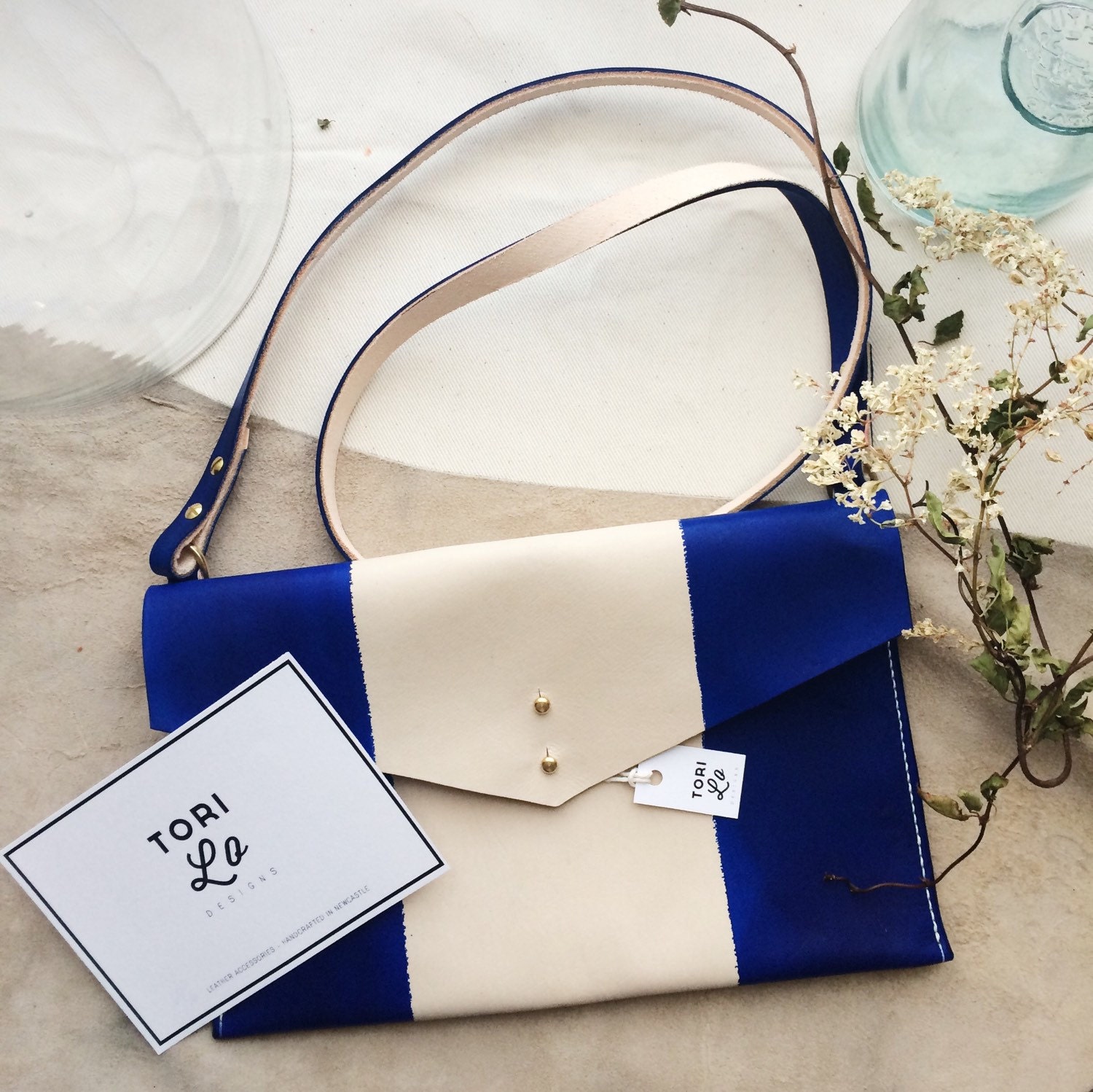 leather hand dyed crossbody ipad case leather bag. nautical