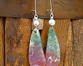 Red & Green Stone and Silver Dangle Earrings, tear drop, agate, gift for mom, pink, white, silver plated, Christmas gift, statement Red & Green Stone and Silver Dangle Earrings, tear drop, agate, gift for mom, pink, white, silver plated, Christmas gift, statement