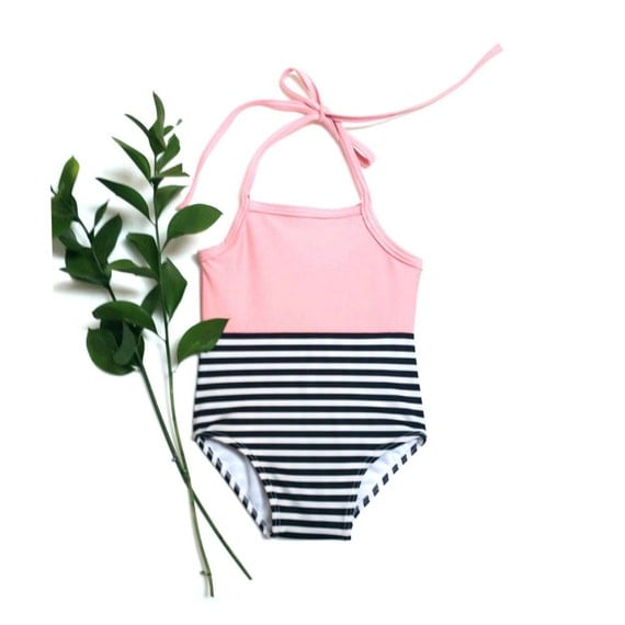 Black and Pink Stripe Baby Swimsuit | Black and White Stripe Infant Swimsuit