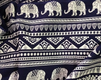 Elephant Print Fabric, Boho Fabric, Alternate Elephant Print, Dark Navy and White, Indian Cotton, Indian Elephant, By the yard, Folk print