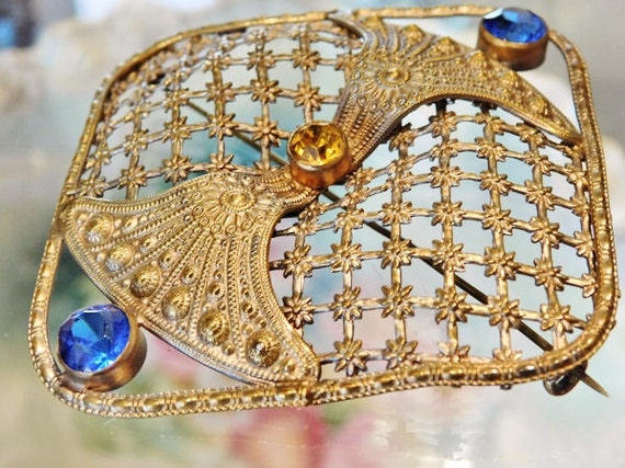 1900s Czech Brooch Brass Intricate Filigree Glass Rhinestones Antique Arts & Crafts Victorian Edwardian Large Brooch Cobalt Topaz Rhinestone