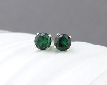 Small Emerald Stud Earrings Green Gemstone Post Earrings May Birthstone Jewelry