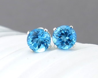 Swiss Blue Topaz Stud Earrings Small Silver Earrings December Birthstone Gemstone Post Earrings 6mm Silver Jewelry Handmade Jewelry