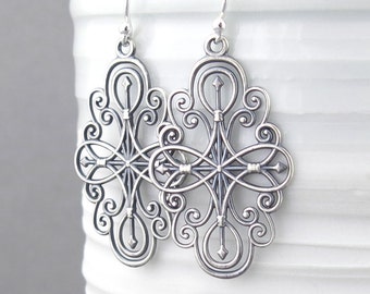 Silver Filigree Earrings Long Silver Earrings Compass Rose Jewelry Compass Jewelry Sterling Silver Jewelry - Compass Rose