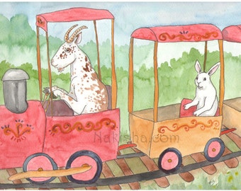 Goat on a Train - Watercolor Rabbit Painting