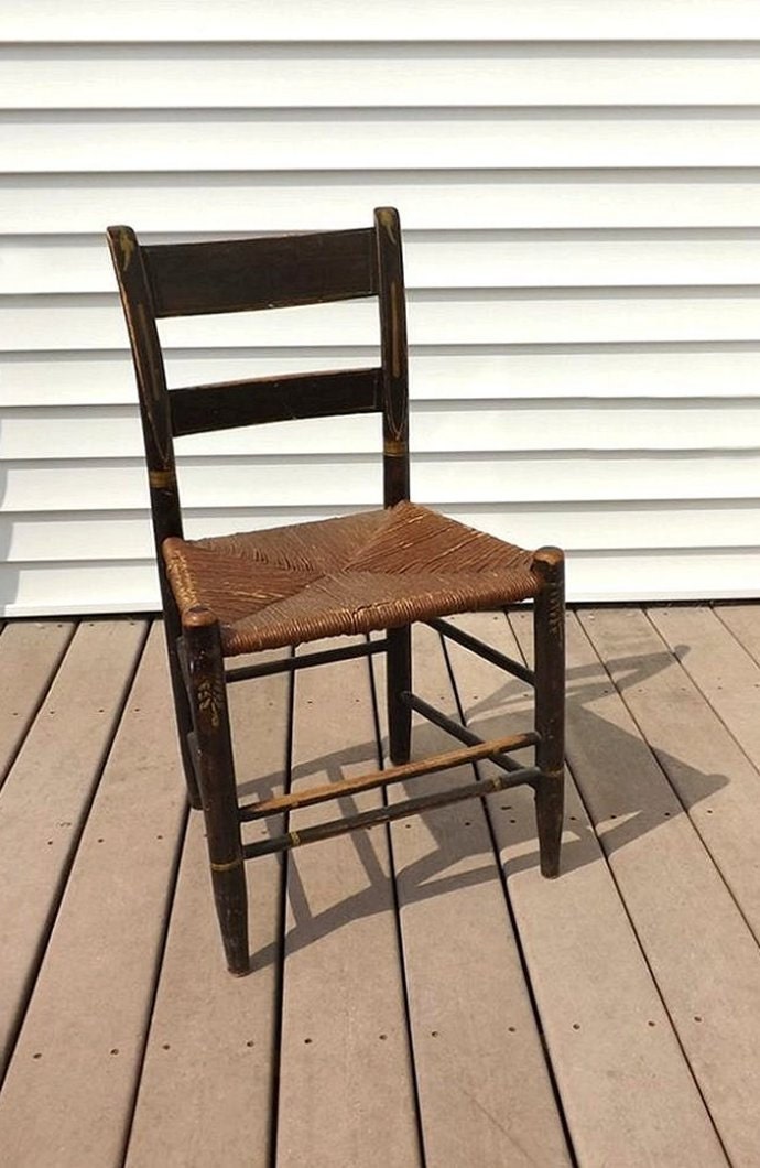 Vintage Rush Seat Chair, Folk Art Painted Wood Chair, Rustic Antique
