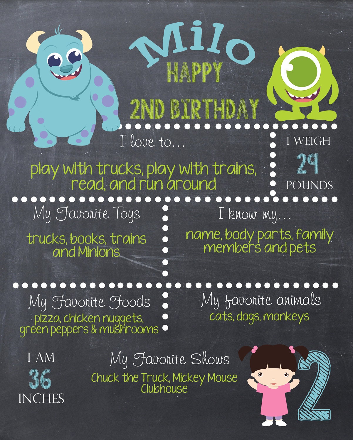 Bedtime Monsters Monsters Inc inspired Chalk Board Poster