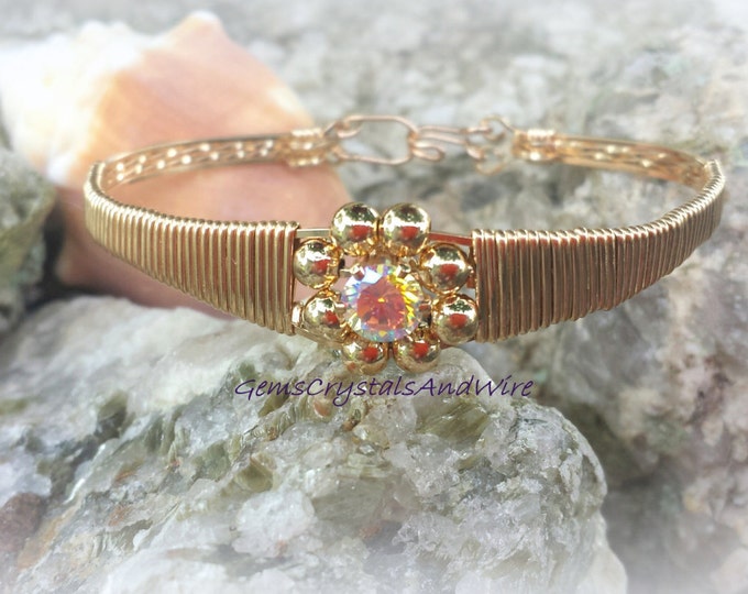 Handmade Bracelet, Ladies Bracelet, Gold Fill Bracelet, CZ Bracelet, Flower Bracelet, Wire-wrapped Bracelet