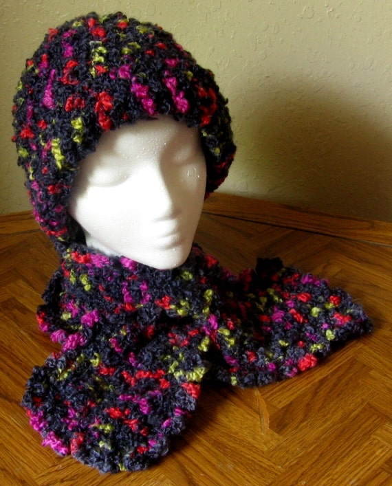 Black MultiColor Hat and Scarf Set, Neckwarmer Scarf and Hat Set, Handmade Adult Winter Accessory, Crochet Hat, Crochet Scarf