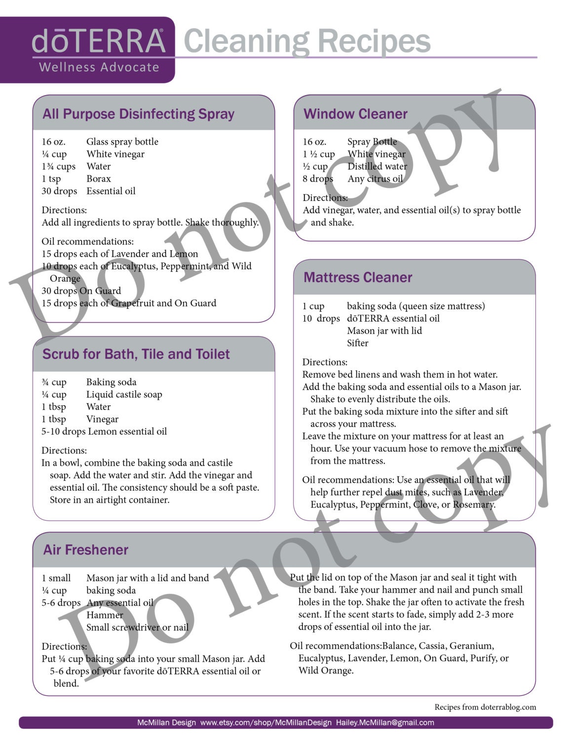 doTERRA Handout Cleaning Recipes by McMillanDesign on Etsy