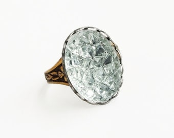 Ice Ring Vintage Clear Foiled Sugar Stone Adjustable Brass Sparkling Bumpy Crystal Ring Faux Drusy Druzy