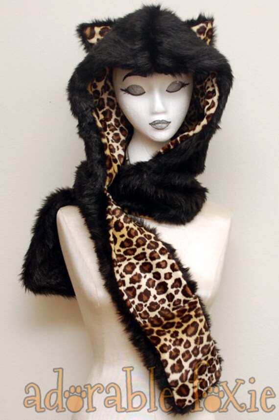 Reversible Black Kitty Cat Animal Hood With Attached Scarf