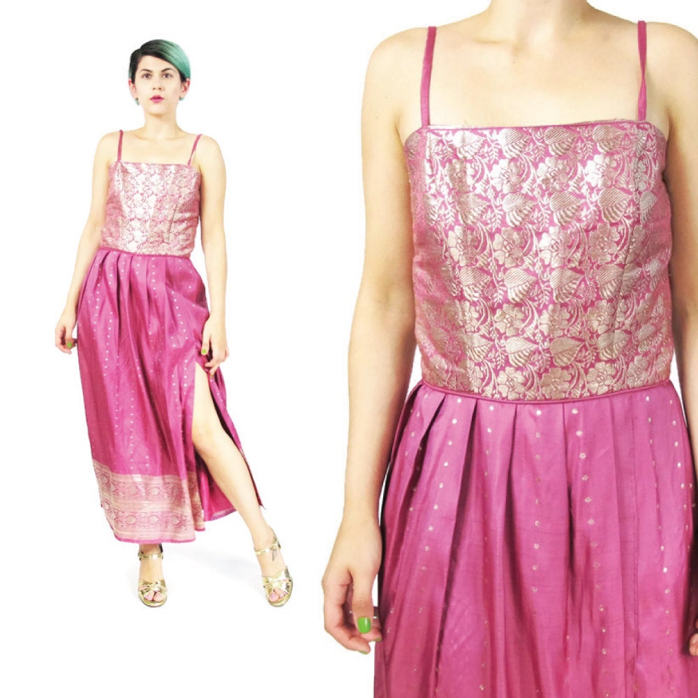 vintage pink brocade dress gold damask indian evening gown vintage pink brocade dress gold damask indian evening gown