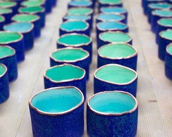 Ceramic candle holder Matte Velvet Purple Blue with copper line, ONE ring holder, handmade pottery home decor, Minimal Modern Wedding Favor