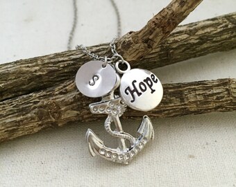 Anchor Necklace, Initial Necklace, Hope Necklace, Hand Stamped Necklace, Best friend Gift, Gift Ideas, Bridesmaid Necklace