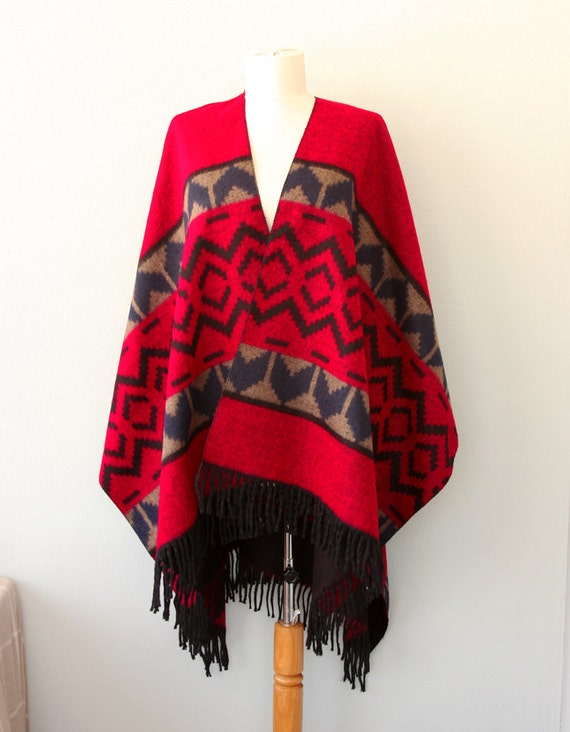 Red poncho Reversible mexican poncho Winter fashion Native