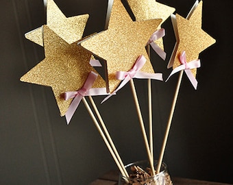 Fairy Wands for Pink and Gold Birthday Party Decoration 5CT. Handcrafted in 2-3 Business Days. Star Centerpiece.
