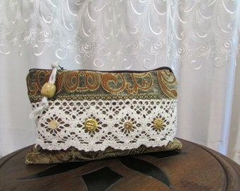 Lace Clutch Bag, bohemian fabric purse, handmade make up bag, thick upholstery chenille fabric, clutch wallet purse