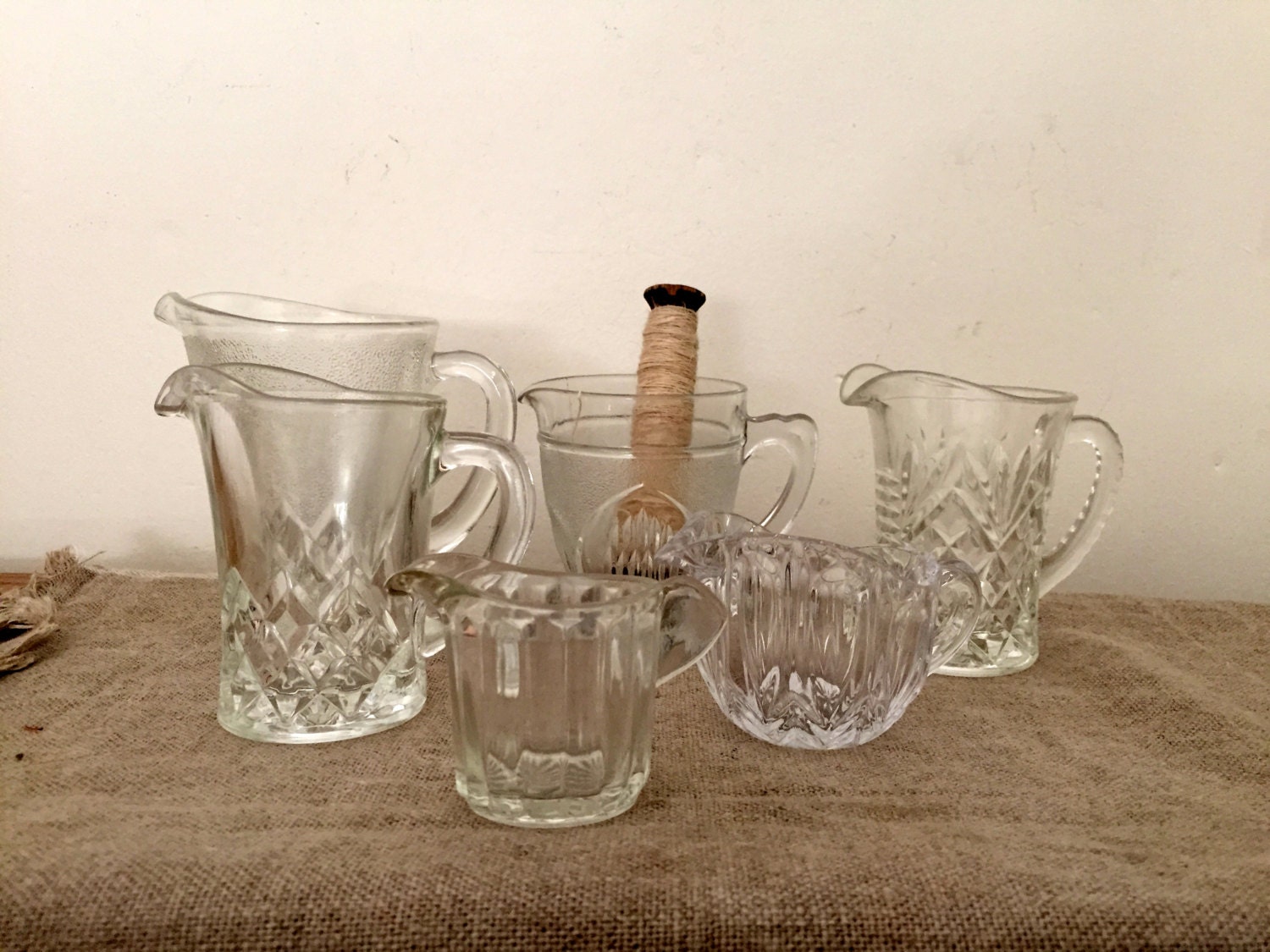 Six cut glass jugs. Flowers / vase / vintage table / milk jug. Great collection. Haute Juice