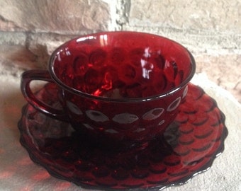 Bubble Ruby Cup & Saucer Vintage Anchor Hocking Red Glass Teacup Tea Cup Crimson Set - #7084