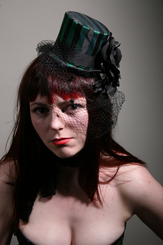 Victorian Green and black, Gothic striped burlesque top hat with veil by SarinaPoppyVintage steampunk buy now online