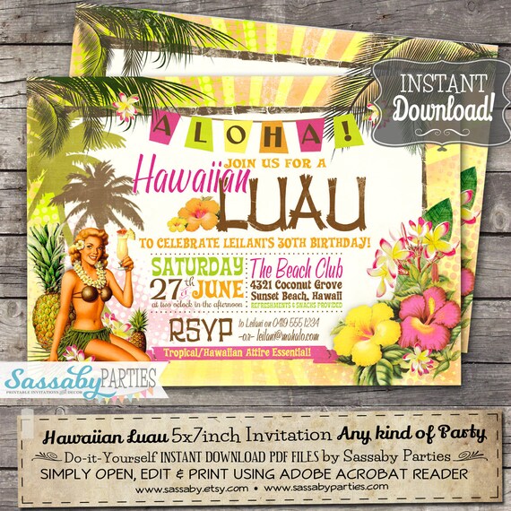 Hawaiian Luau Birthday or Any Party Invitation - INSTANT DOWNLOAD - Editable & Printable Beach, Tropical, Summer Invite by Sassaby Parties Il_570xn