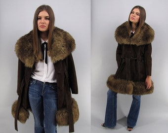 Vintage 60s Suede Shearling Coat, Leather Fur Coat, Boho Coat, Hippie, Bohemian, Belted Suede Coat, Mod Suede Coat Δ size: sm / md