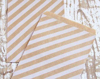 10 White Striped Kraft Paper Bags - 10 Sacchettini di carta kraft a righe bianche