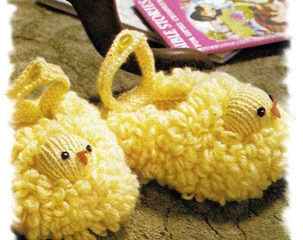 Instant Download PDF Knitting Pattern to make Childrens Babies Toddler Duck or Chick Loopy Fluffy Novelty Slippers First Shoes One Size