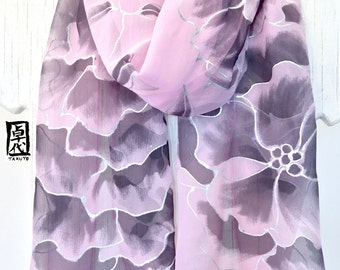 Silk Scarf Hand Painted, Pink and Black, Silver Peonies Scarf, Kimono Scarf, Chiffon Scarf, Silk Scarves Takuyo, 11x60 inches. MAde to order