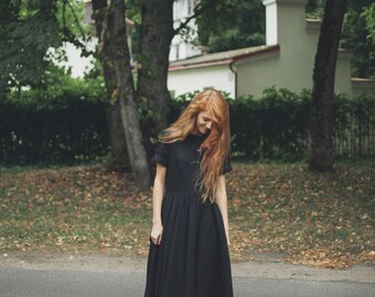 Stranger Things Shirt Dress, Peter Pan Collar Dress, Plus Size Linen, Womens Dress, Classic Short Sleeves Dress, Long Black Dress