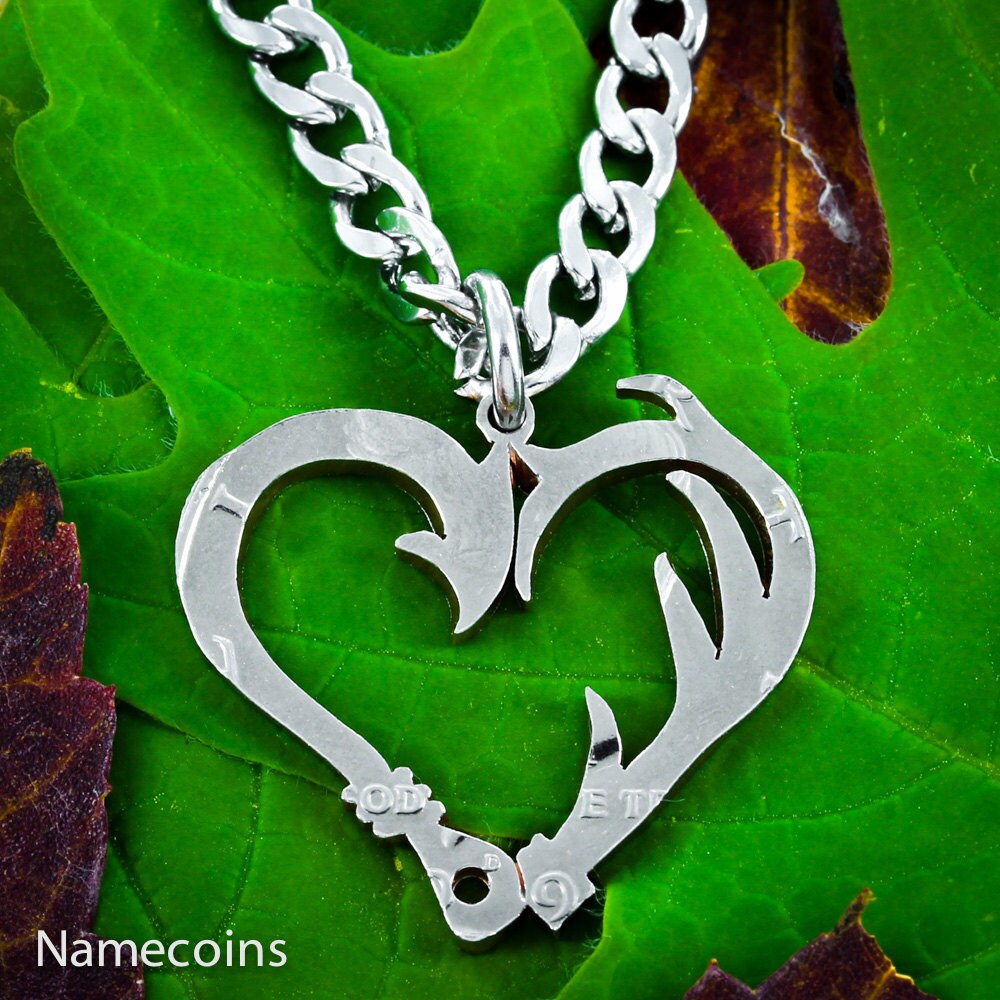 Fish Hook and Antler heart necklace set Hand Cut Coin