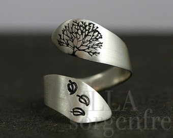 Sterling Silver Tree of Life ring. Wrap ring with hand stamped tree and leaves. Adjustable. Gift for her.