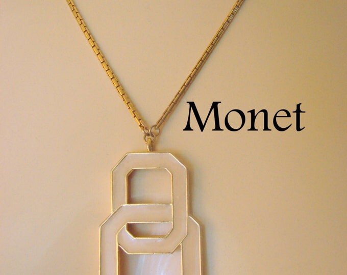 80s Modernist Monet Pendant Necklace / Designer Signed / Creamy White / Art Moderne / Jewelry / Jewellery