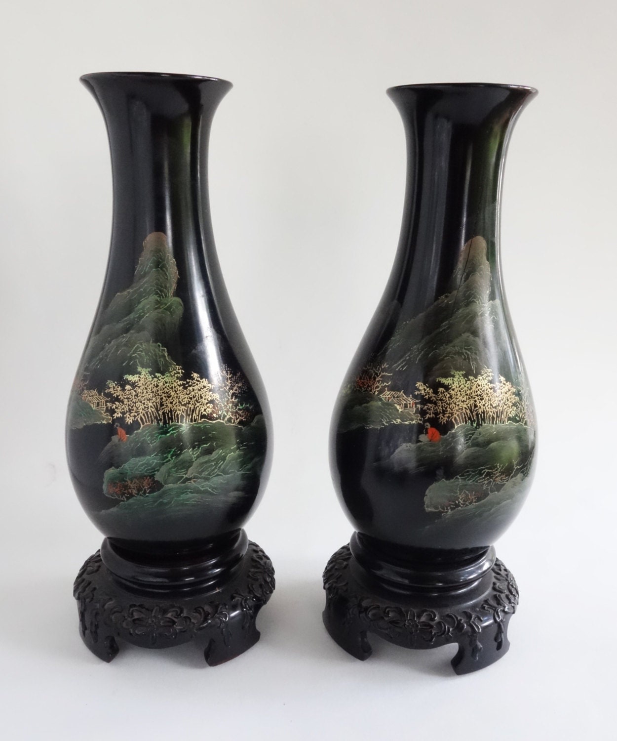 Pair Japanese Lacquer Vases Hand Painted Vintage by BeeHavenHome