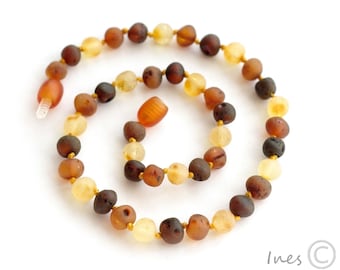 Unpolished Baltic Amber Baby Teething Necklace Rounded Multicolor Beads