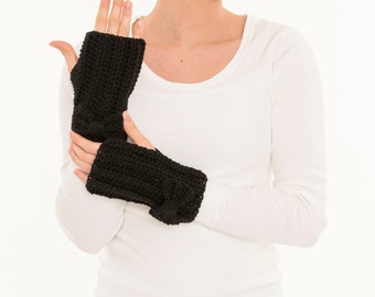 Black Bow Crochet Fingerless Gloves, Handmade Crocheted Women's Warm Soft Winter Accessory, Knitted Texting Gloves, Knit Hand Warmers