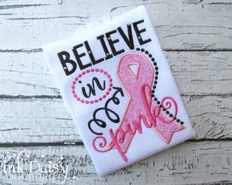 Girls Breast Cancer Awareness Shirt - Pink and Black 'Believe in Pink' Shirt or Bodysuit - Walk for the Cure - Pink Ribbon Appliqué Shirt